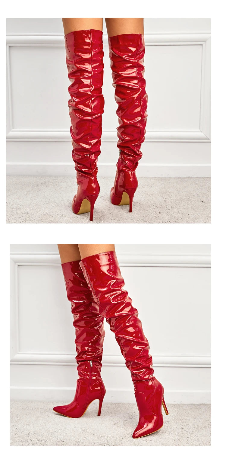 Eilyken High Quality Pleated Patent Leather Motorcycle Over The Knee Boots Women Fashion Pointed Toe Zip Thigh High Lady Shoes