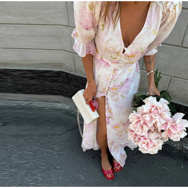 Elegant Printed Maxi Dress Women Half Sleeve V-Neck Button Waist-Closed Hip Package Ruffle Dresses 2026 Spring Summer Lady Robe