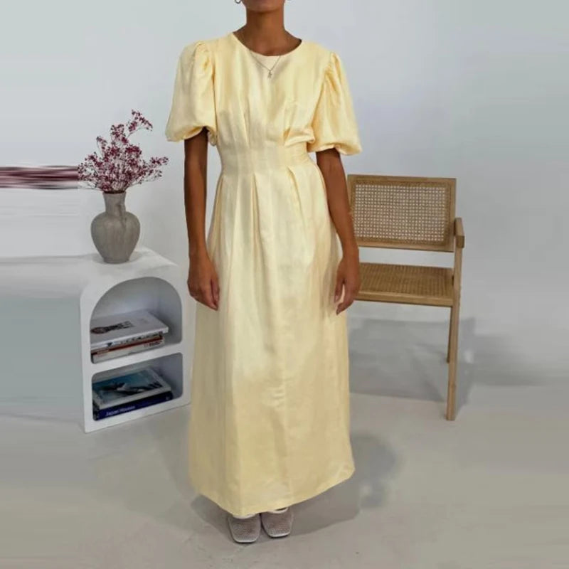 Fashion Commuter Pleated Long Dresses Ladies O-neck Puff Sleeve Elegant Party Dress 2025 Summer Casual Solid Waist A-line Dress