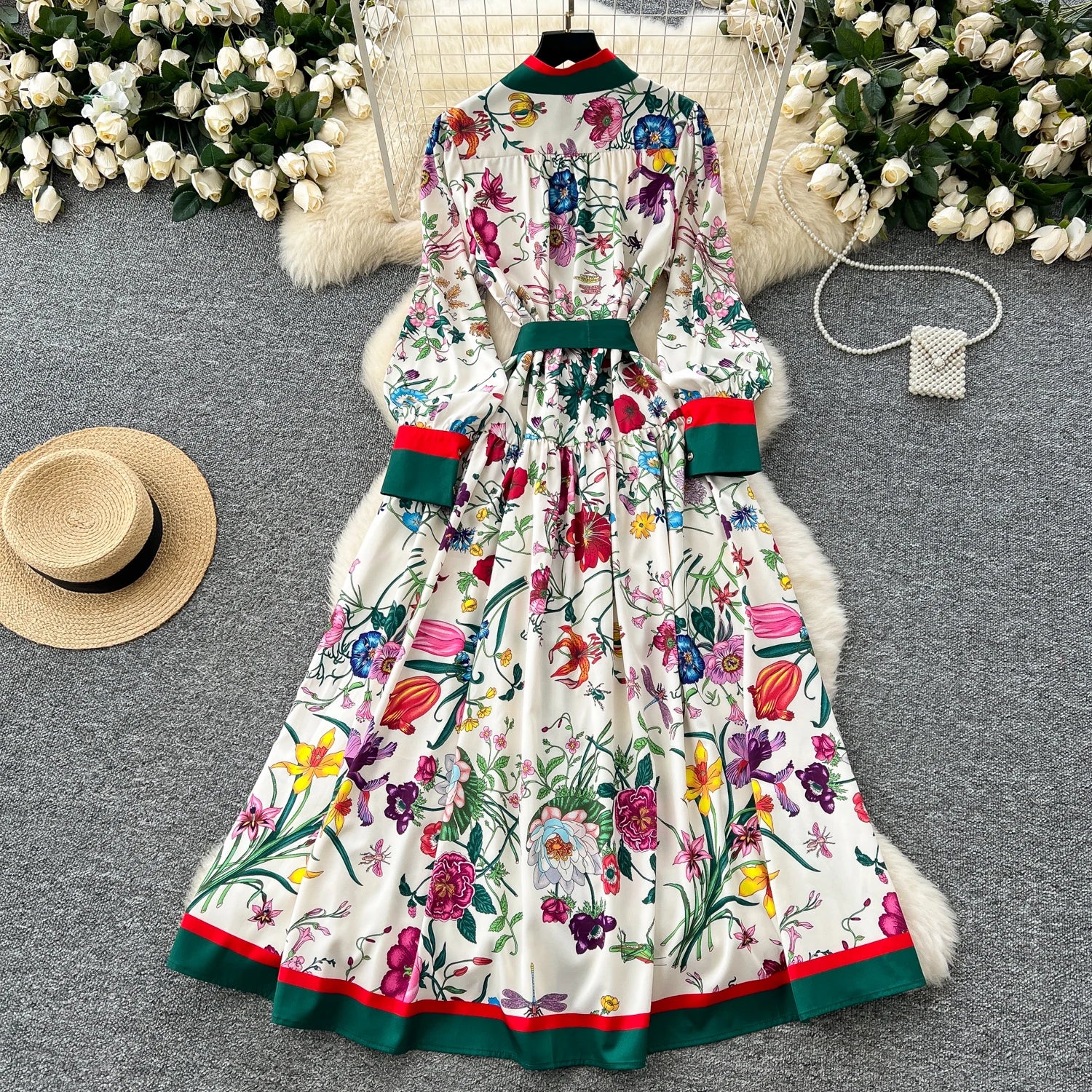 Elegant Long Sleeves Vintage Stand Collar Chic Single Breasted Print Bandage Slim Long Dress High Street Autumn Winter Clothing