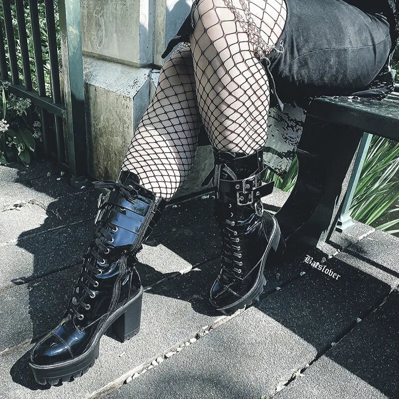 Onlymaker Women Black Platform Punk Boots Patent Leather Lace Up Mid Calf Chunky High Heels Side Zip  Motorcycle Boots