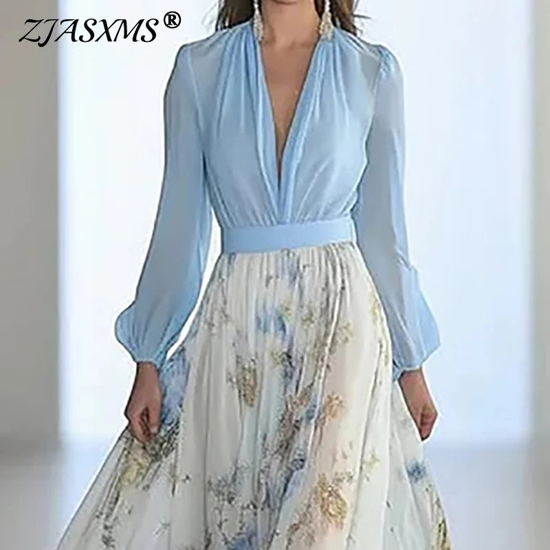 Robes Woman Elegant Floral Print Patchwork Maxi Dress Sexy V Neck High Waist Long Dress Spring Puff Sleeves Loose Bohemian Dress