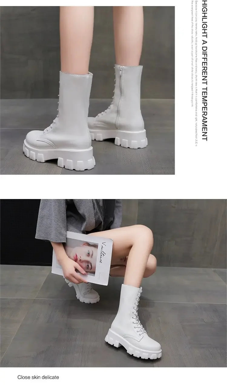 2024 Winter Shoes Women White Boots Autumn Fashion PU Leather Platform Gothic Boots Punk Combat Mid-Calf Boots For Women Booties