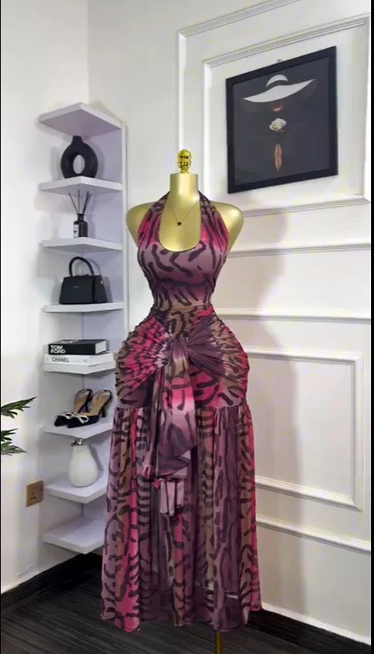 CM.YAYA Women Halter Neck Backless Ruched Stacked Sleeveless Mesh Long Maxi Dress 2025 Birthday Even Sexy Party Dresses Vestidos