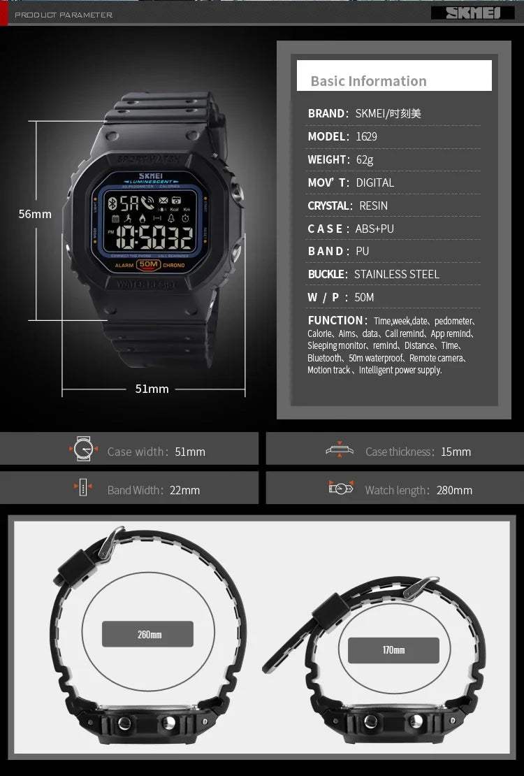 SKMEI Pedometer Calorie Tracker For Iphone Huawei Xiaomi Male relogio Mens Bluetooth Wristwatches 1629 Sport Digital Watch