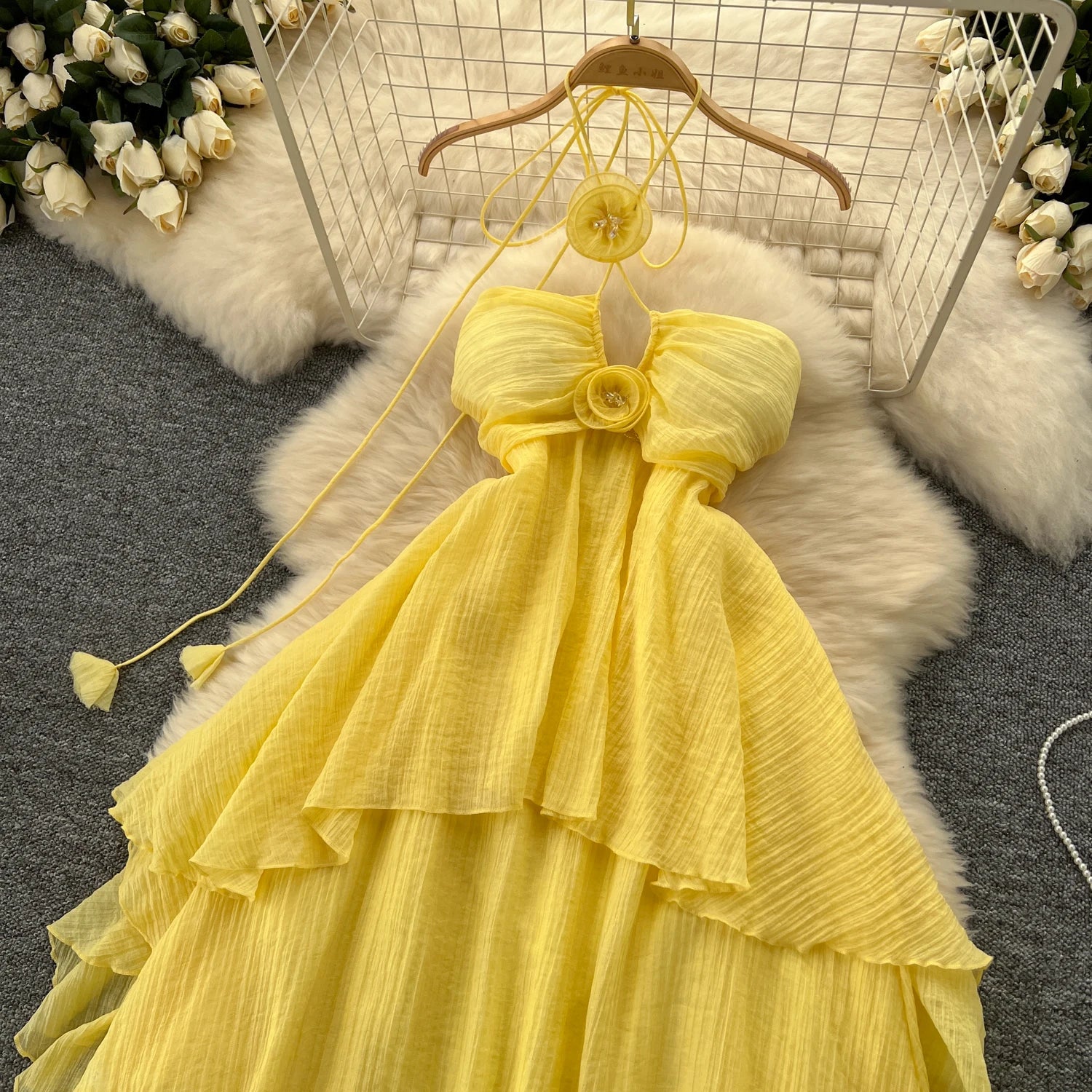 Elegant Sweet High Waist Hollow Out Asymmetric Three-dimensional Flower Halter Dress Vacation Slim Women Party Summer Dresses
