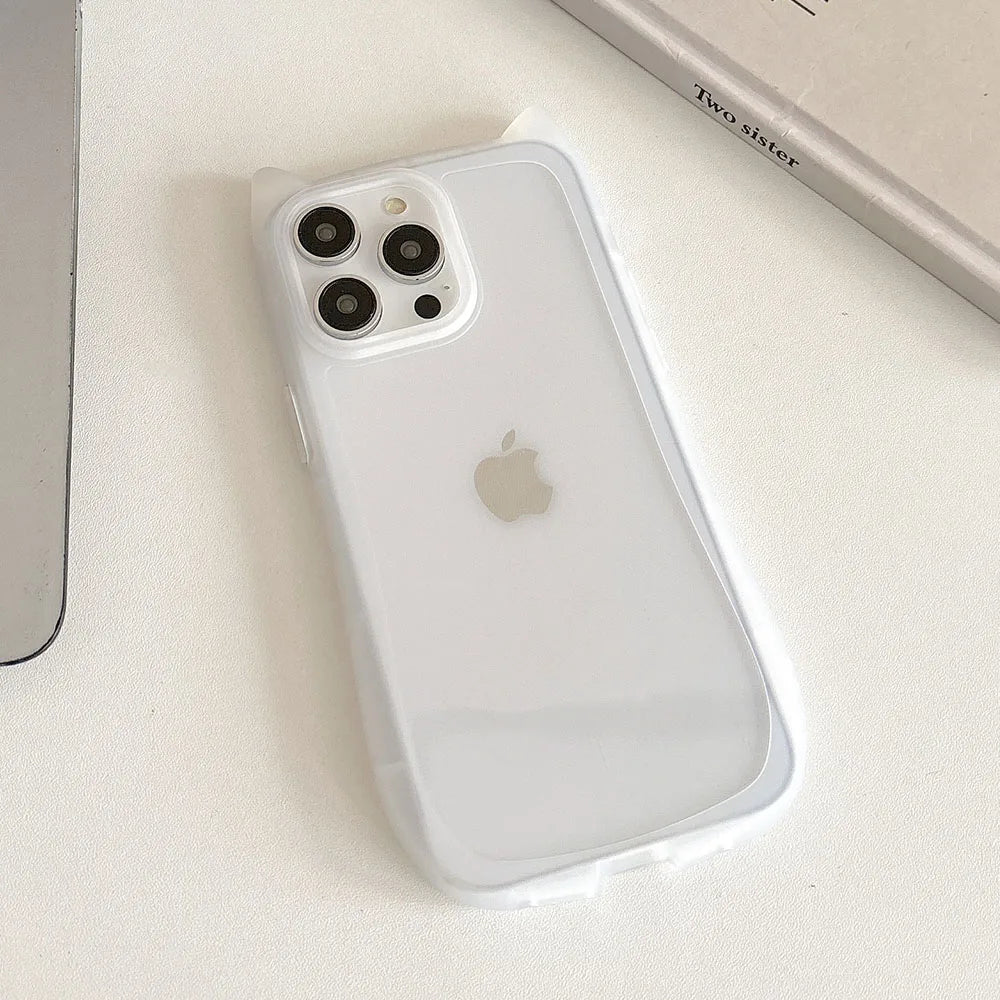 Korea Cute 3D Cat Ear Transparent Phone Case For iPhone 11 12 13 14 15 16 Pro Max Matte Silicone Shockproof Protective Cover