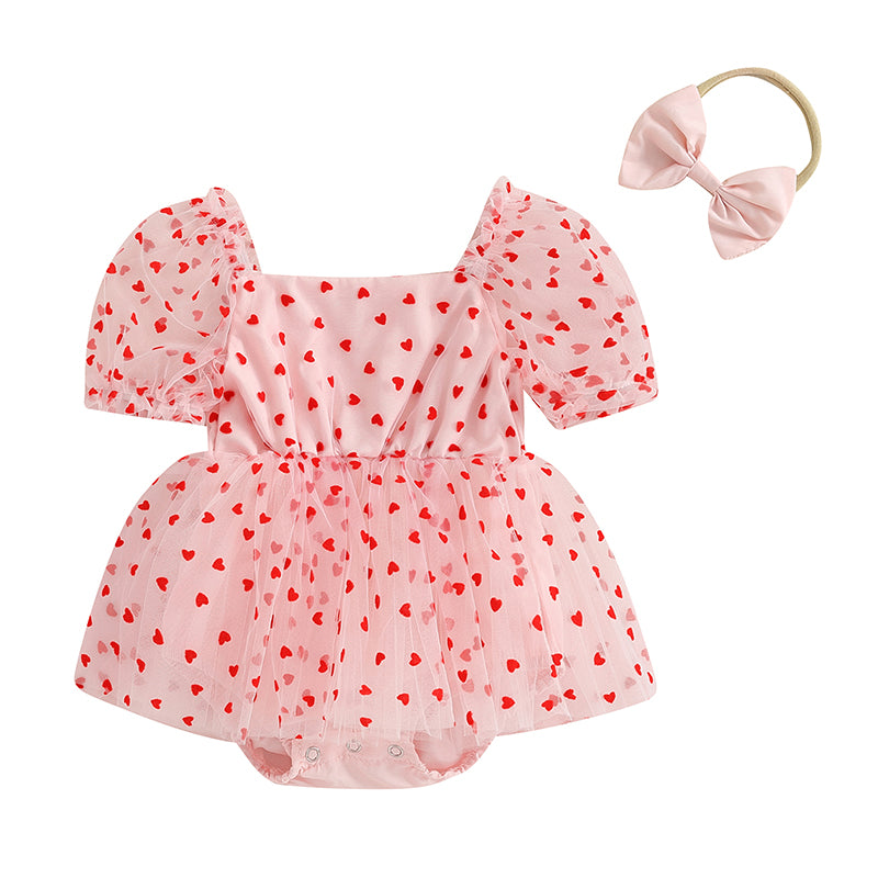2Pcs Newborn Girl Romper Dress Valentine's Day Outfit Short Puff Sleeve Heart Print A-line Rompers with Bowknot Headband Clothes