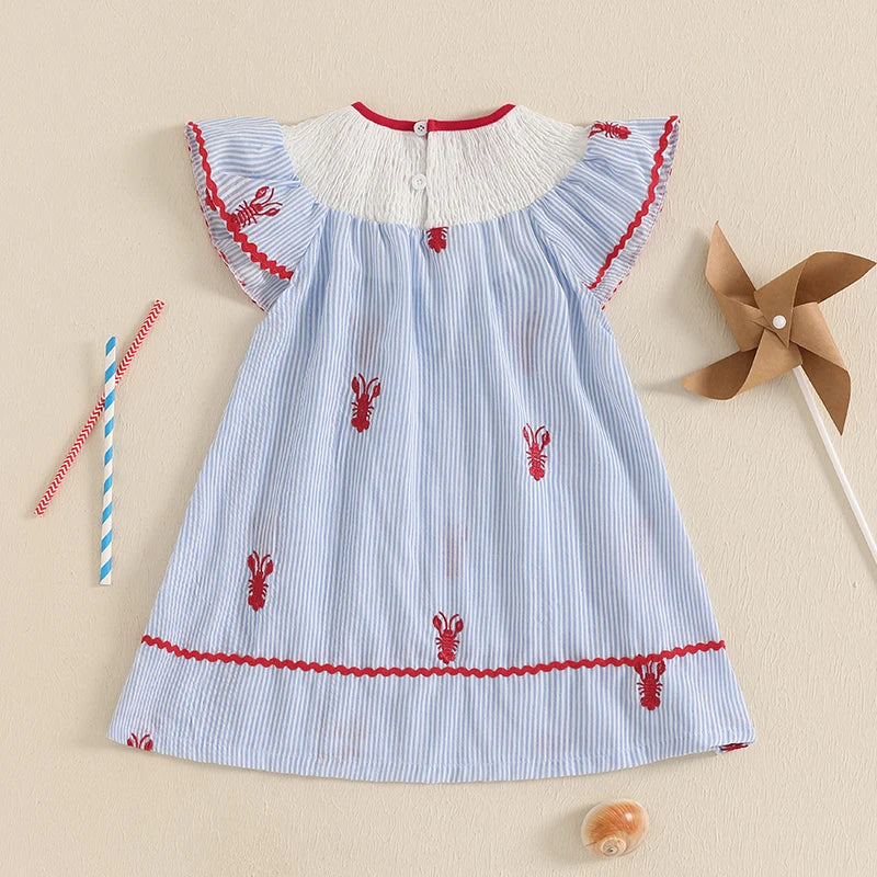 1-5Y Toddler Baby Girl Crawfish Smocked Ruffle Short Sleeve Dress Lobster Plaid Princess Dresses Summer Outfits