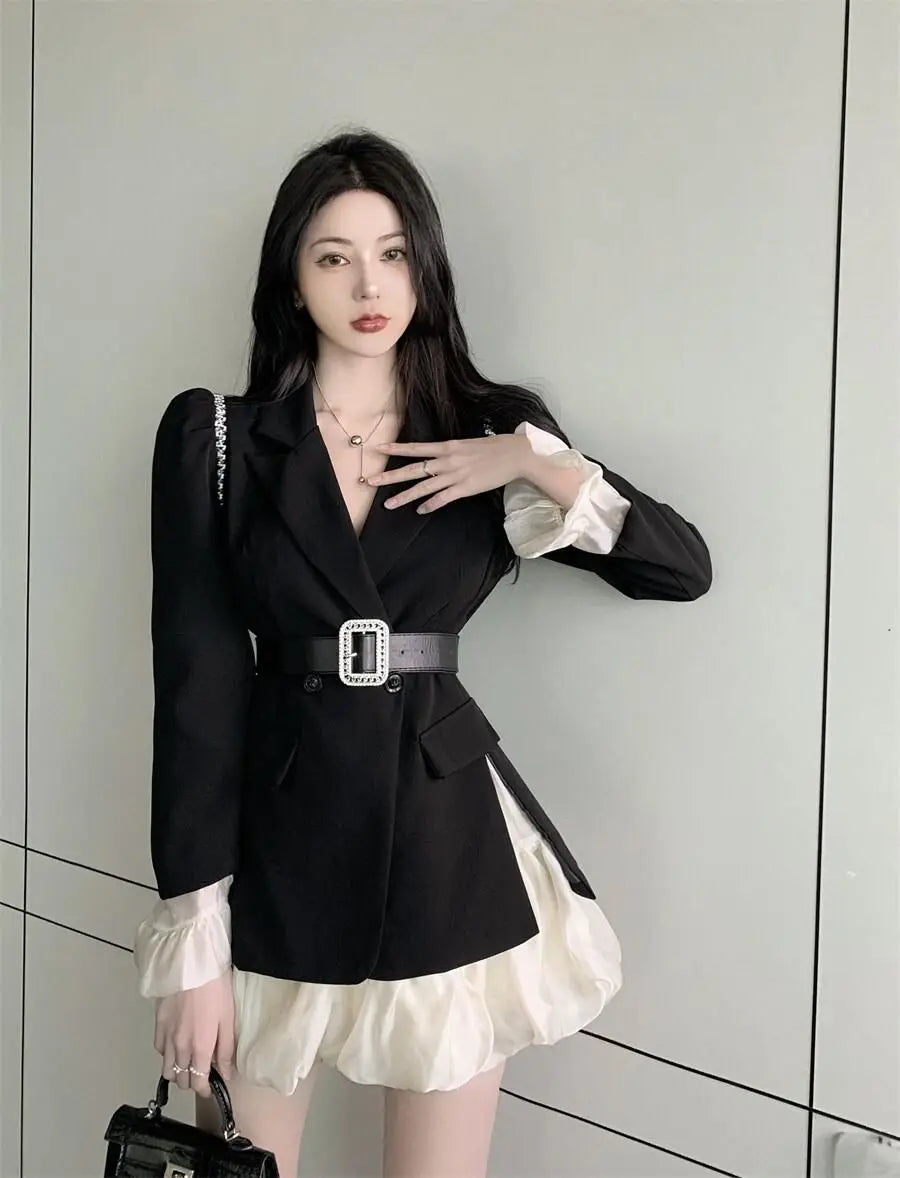Neploe Temperament Lace Up Waist Slim Dress Sets High Waist Ruffle Edge Patched Sleeves Ropa Mujer Sexy Feminino Chic Women Sets