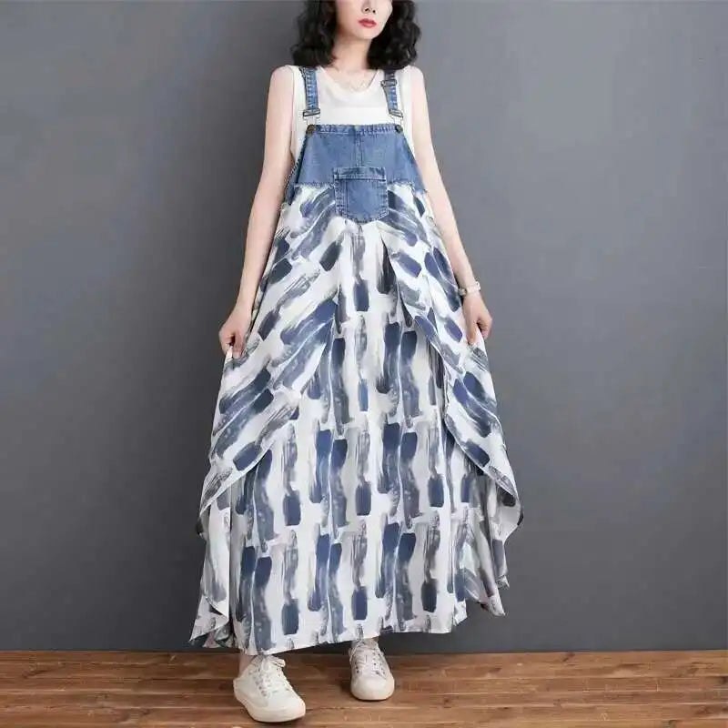 [EWQ] Sweet Women's Denim Dress Patchwork Contrasting Print Design Big Zise Casual Clothing Beautiful Sing Dresses 16O1075