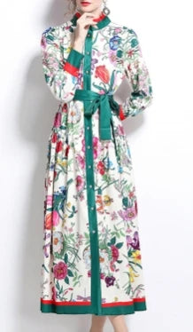 Elegant Long Sleeves Vintage Stand Collar Chic Single Breasted Print Bandage Slim Long Dress High Street Autumn Winter Clothing