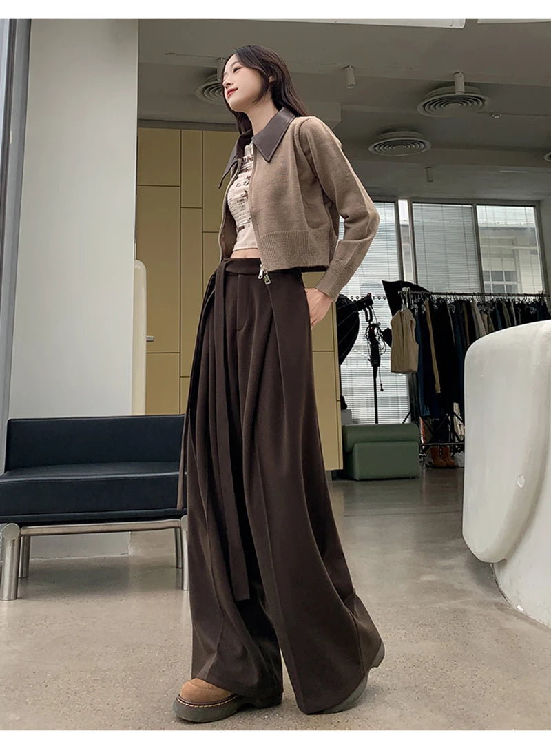 MEXZT Woolen Wide Leg Pants Women Fashion Lace Up Black Baggy Suit Pants Winter Streetwear Korean Casual Straight Trousers New