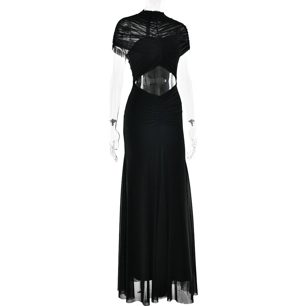 JULISSA MO Sexy Hollow Out Turtleneck Women Maxi Dress Coffee Short Sleeve See Through Mesh Bodycon Elegant Party Evening Dress