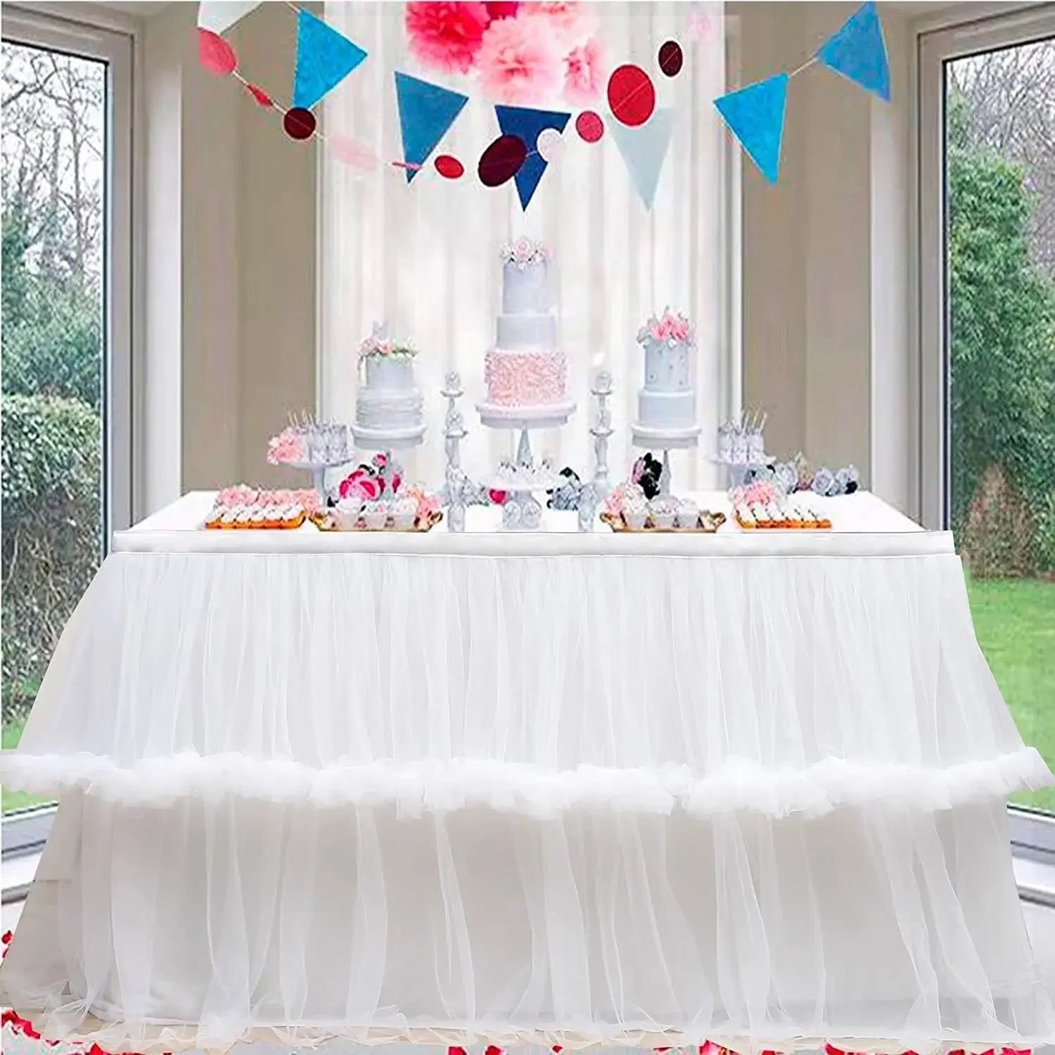 Wedding Tulle Table Skirt 6FT/9FT Purple Pink White Mesh Dining Table Decoration Table Cover For Wedding Reception Banquet