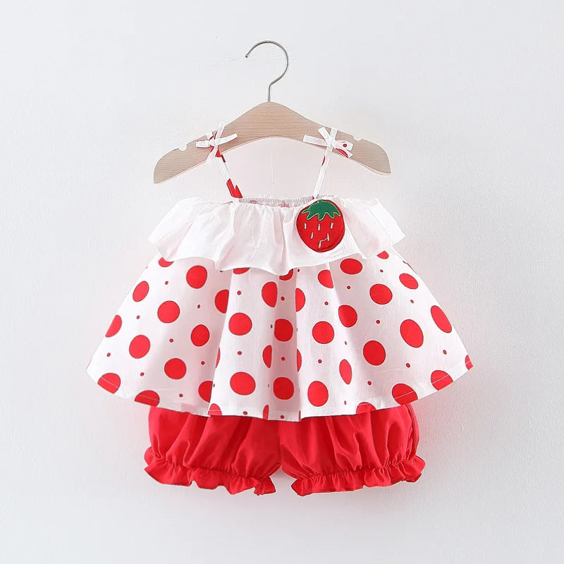 New Two-Piece Halter Strawberry Print Polka Dot Bloomers For Baby Girls Casual Summer Two-Piece Sweet Princess Dress