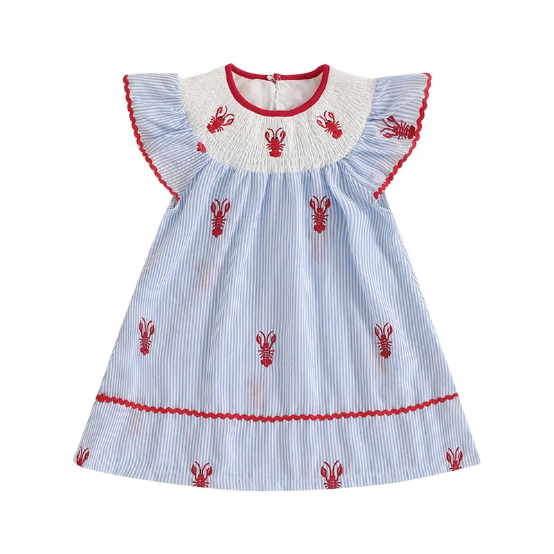 1-5Y Toddler Baby Girl Crawfish Smocked Ruffle Short Sleeve Dress Lobster Plaid Princess Dresses Summer Outfits