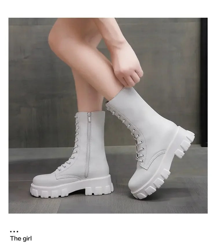 2024 Winter Shoes Women White Boots Autumn Fashion PU Leather Platform Gothic Boots Punk Combat Mid-Calf Boots For Women Booties