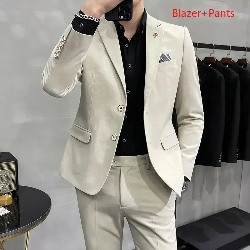 ( Blazer + Pants ) High End Brand Plaid Men's Casual Formal Office Business Suit Groom Wedding Dress Slim Suit Jacket Trousers