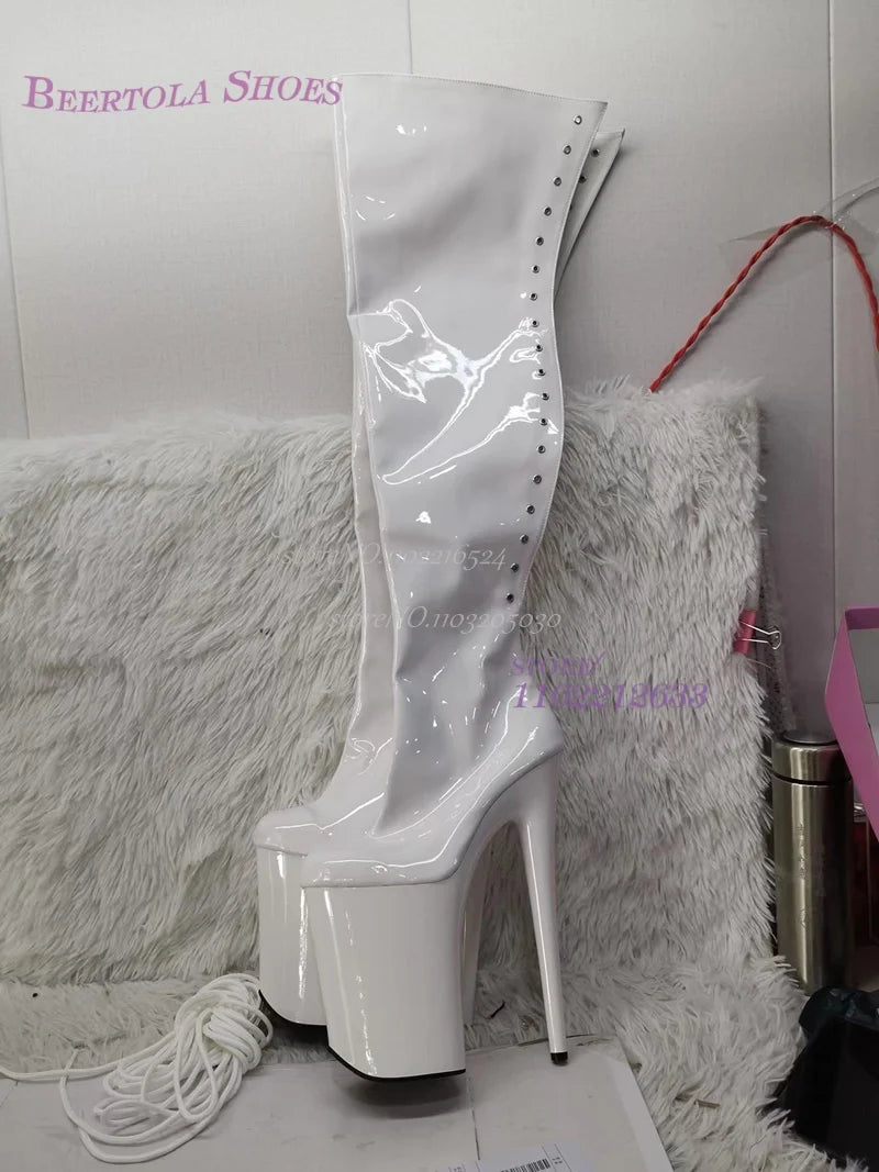 Pure Black Shiny Glossy Sexy Dark Pattern Dance Thigh Boots Platform Woman Over The Knee Long Lace Up Zipper Shoes Bling Shoes
