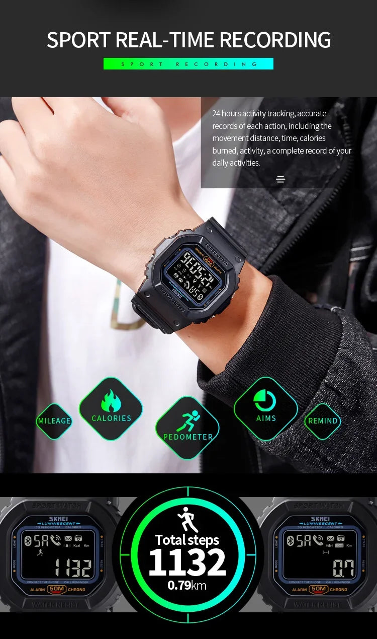 SKMEI Pedometer Calorie Tracker For Iphone Huawei Xiaomi Male relogio Mens Bluetooth Wristwatches 1629 Sport Digital Watch