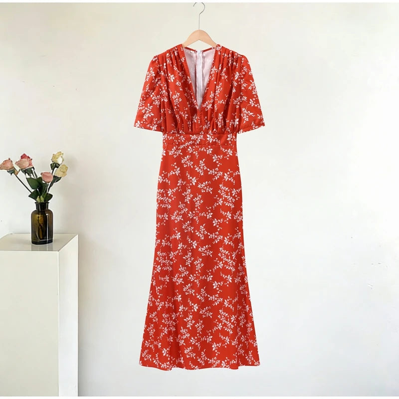 Elegant Printed Maxi Dress Women Half Sleeve V-Neck Button Waist-Closed Hip Package Ruffle Dresses 2026 Spring Summer Lady Robe
