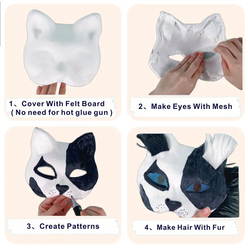 Therian Mask Set Blank Mask Half Face Hand Drawn Animal Cat Fox Mask DIY Handmade Graffiti Half Face Mask Party Christmas Gifts