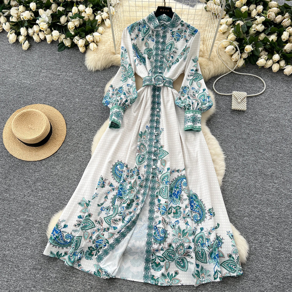 Elegant Long Sleeves Vintage Stand Collar Chic Single Breasted Print Bandage Slim Long Dress High Street Autumn Winter Clothing