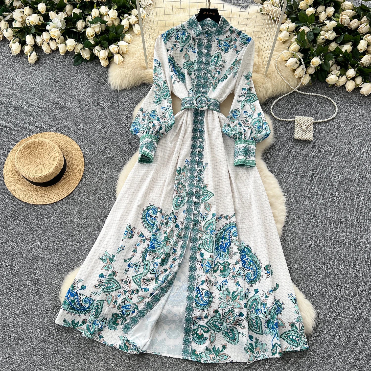 Elegant Long Sleeves Vintage Stand Collar Chic Single Breasted Print Bandage Slim Long Dress High Street Autumn Winter Clothing