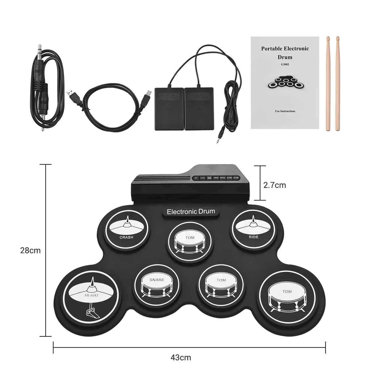 2022New Folding Silicone Hand Roll USB Electronic Drum Portable Practice Drums Pad Kit With Drumsticks Sustain Pedal