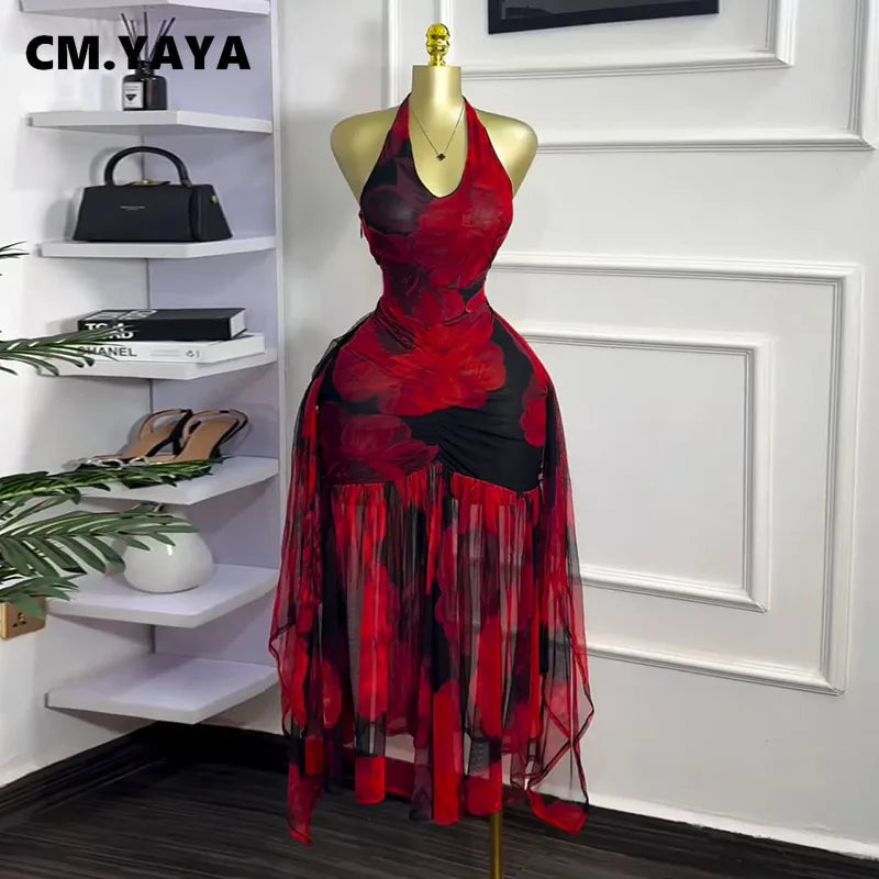 CM.YAYA Women Halter Neck Backless Ruched Stacked Sleeveless Mesh Long Maxi Dress 2025 Birthday Even Sexy Party Dresses Vestidos