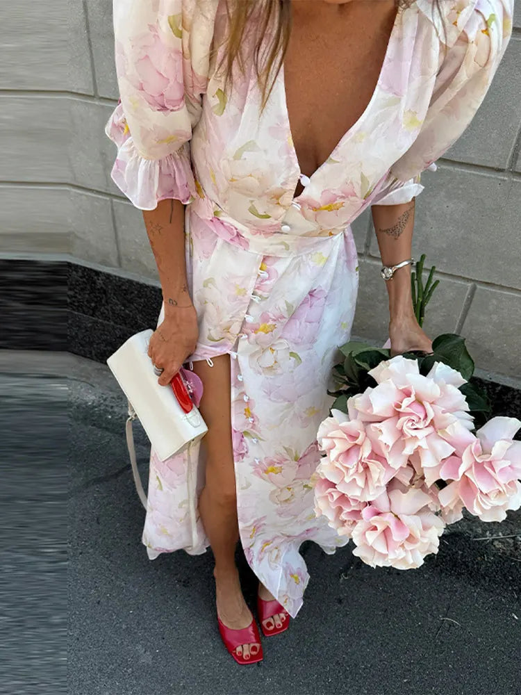 Elegant Printed Maxi Dress Women Half Sleeve V-Neck Button Waist-Closed Hip Package Ruffle Dresses 2026 Spring Summer Lady Robe