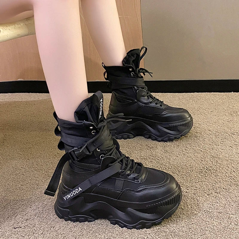 Women Ankle Boots Autumn Leather Chunky Shoes Woman High Platform Breathable Sneakers 8CM Thick Sole Wedges Motorcycles Boots