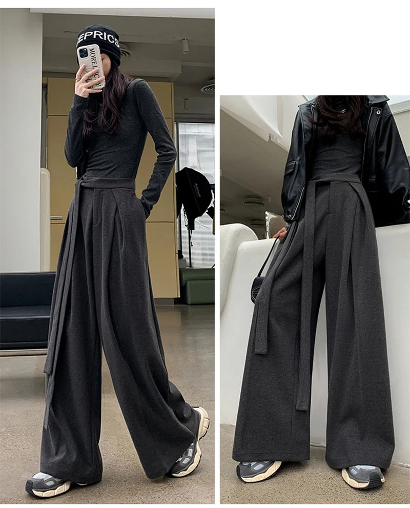 MEXZT Woolen Wide Leg Pants Women Fashion Lace Up Black Baggy Suit Pants Winter Streetwear Korean Casual Straight Trousers New