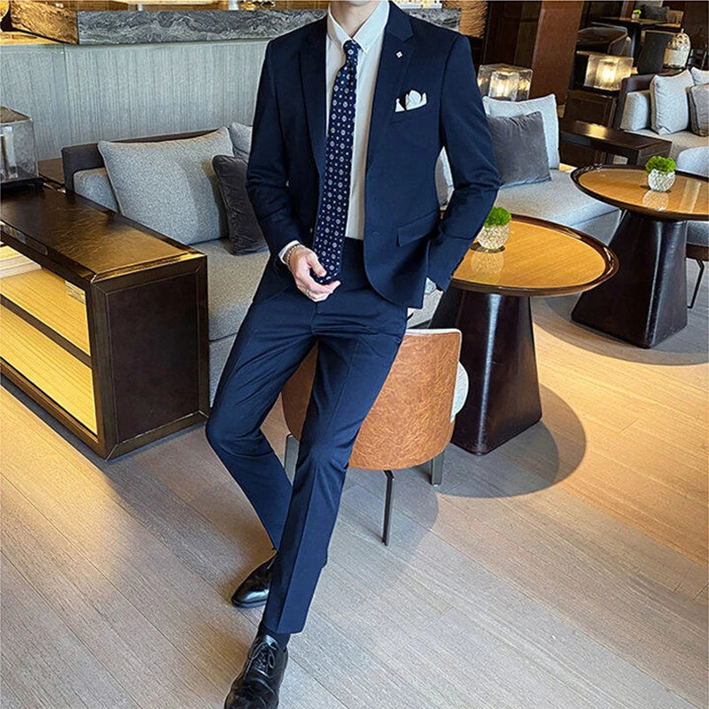 ( Blazer + Pants ) High End Brand Plaid Men's Casual Formal Office Business Suit Groom Wedding Dress Slim Suit Jacket Trousers