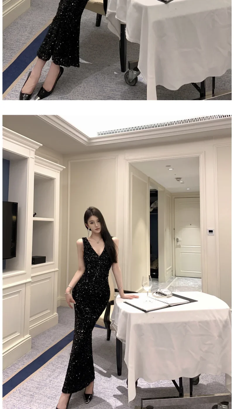 Heavy Industry Sequin V-neck Sling Dress Women's Autumn Slim Dress Temperament Fishtail Hip-wrapped Long Dresses