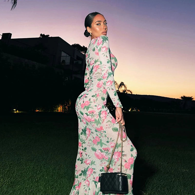 Mozision Bodycon Long Sleeve Half High Collar Print Zipper Elegant Maxi Dress Women Slim High Waist Sexy Dress Ladies Outfits