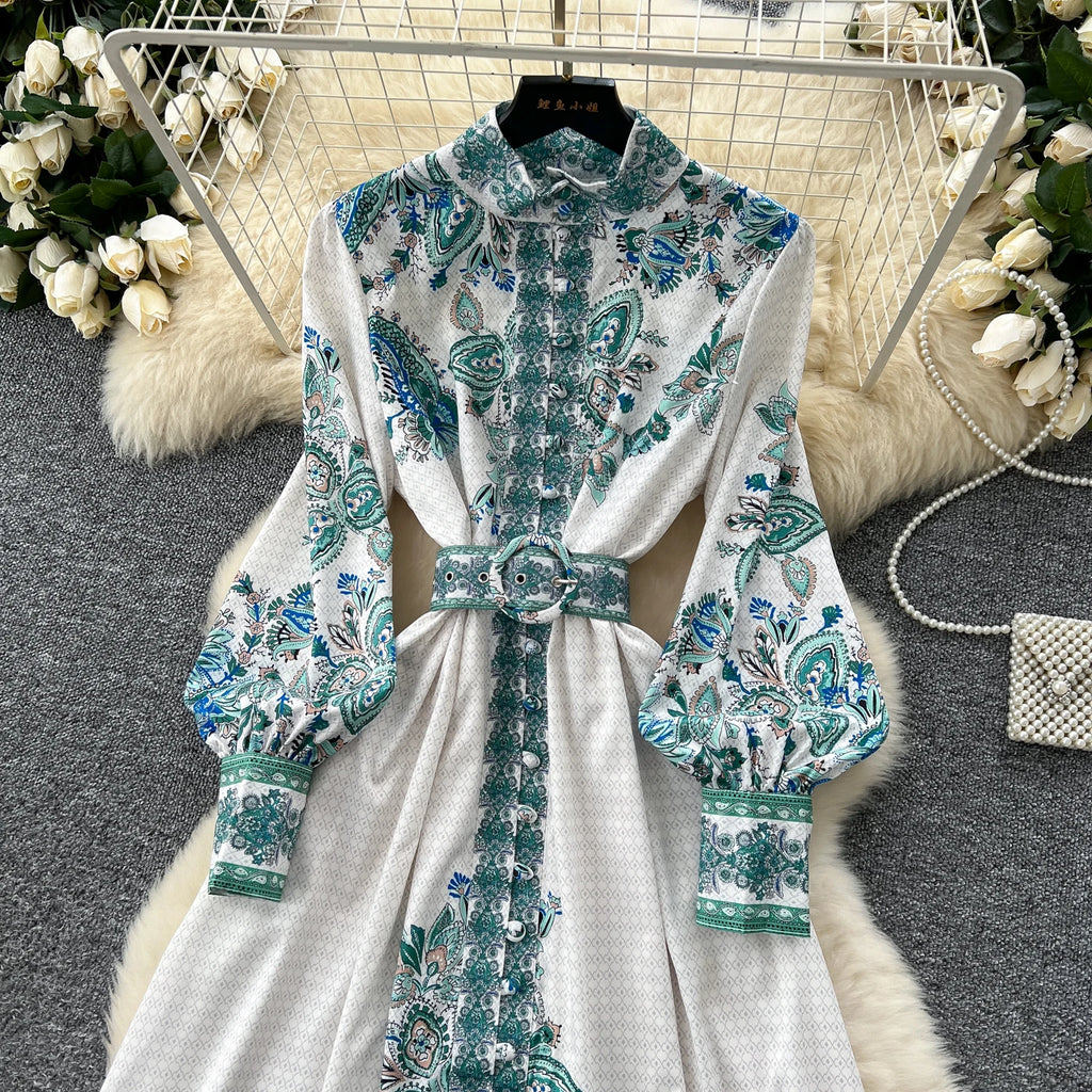 Elegant Long Sleeves Vintage Stand Collar Chic Single Breasted Print Bandage Slim Long Dress High Street Autumn Winter Clothing
