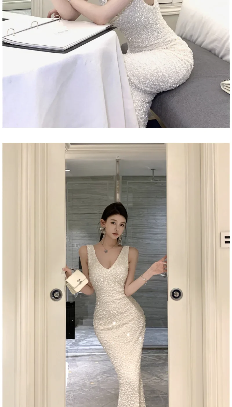 Heavy Industry Sequin V-neck Sling Dress Women's Autumn Slim Dress Temperament Fishtail Hip-wrapped Long Dresses