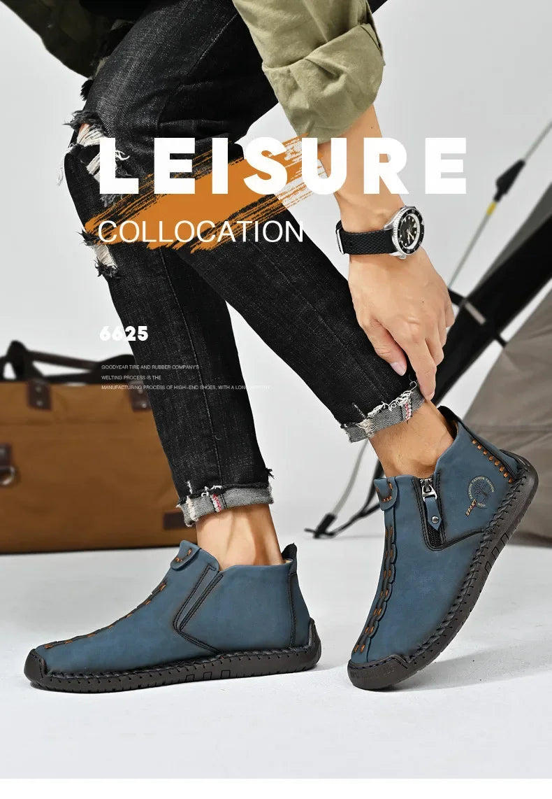 Men Boots Handmade Casual Ankle Boats for Man Male Hombres Walking Shoe Breathable Hombres Leather Wide Upright Zipper Shoes