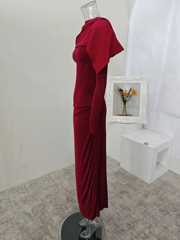 DEAT Elegant Dress Pleated Asymmetrical Cape Long Sleeve Contrast Color Women's Evening Party Dresses 2026 Spring New 35Z1621