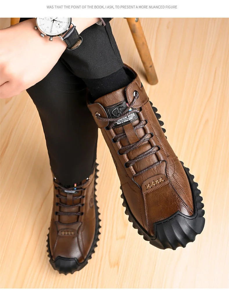 CINESSD New Warm Winter Velvet Men's Snow Boots Non-slip Men's Leather Boots Thick Bottom Dad Shoes