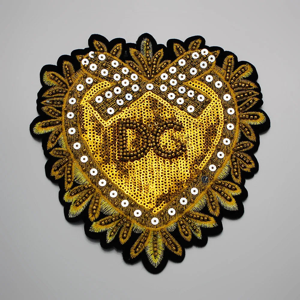 Beaded Crystal Red Diamond Heart Patches Embroidery Applique Sew on Gold Badge Clothes Craft Sewing A35