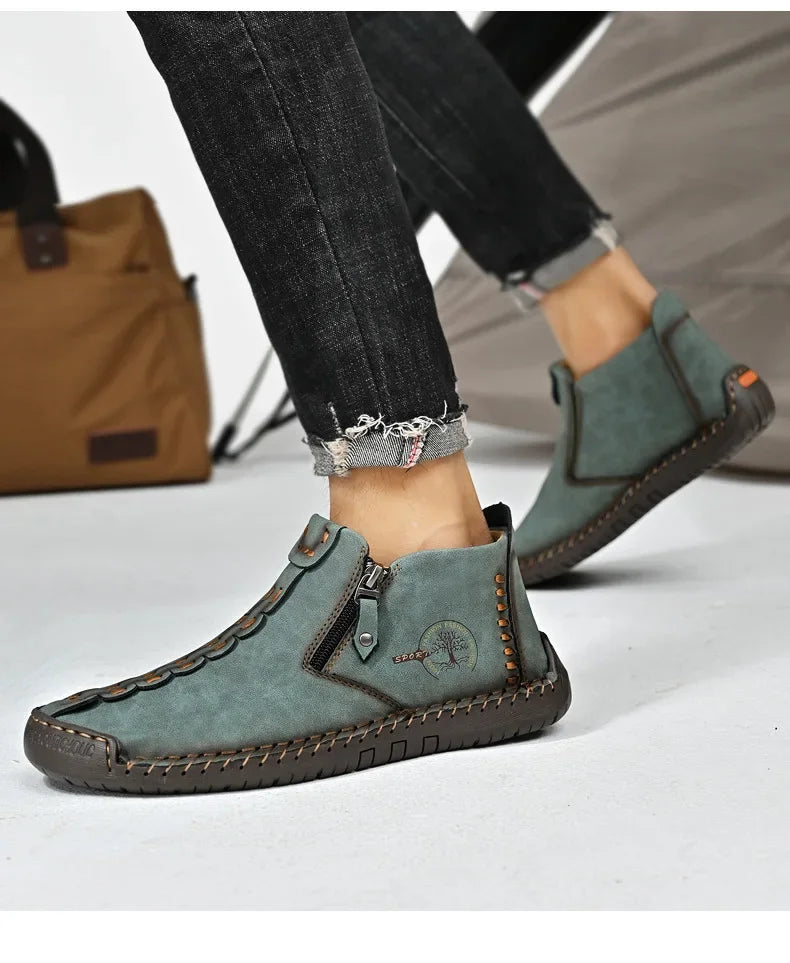 Men Boots Handmade Casual Ankle Boats for Man Male Hombres Walking Shoe Breathable Hombres Leather Wide Upright Zipper Shoes