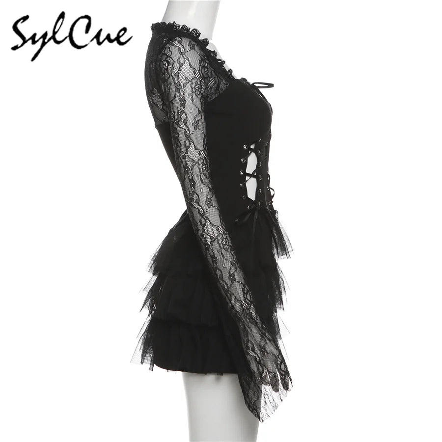 Nibber Black Retro Mysterious Lace Sexy Mature Beautiful Sweet Gentle Personality Women Drawstring Laminated Ruffled Tutu Dress