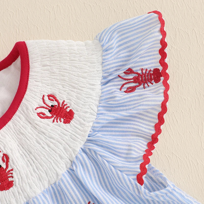 1-5Y Toddler Baby Girl Crawfish Smocked Ruffle Short Sleeve Dress Lobster Plaid Princess Dresses Summer Outfits