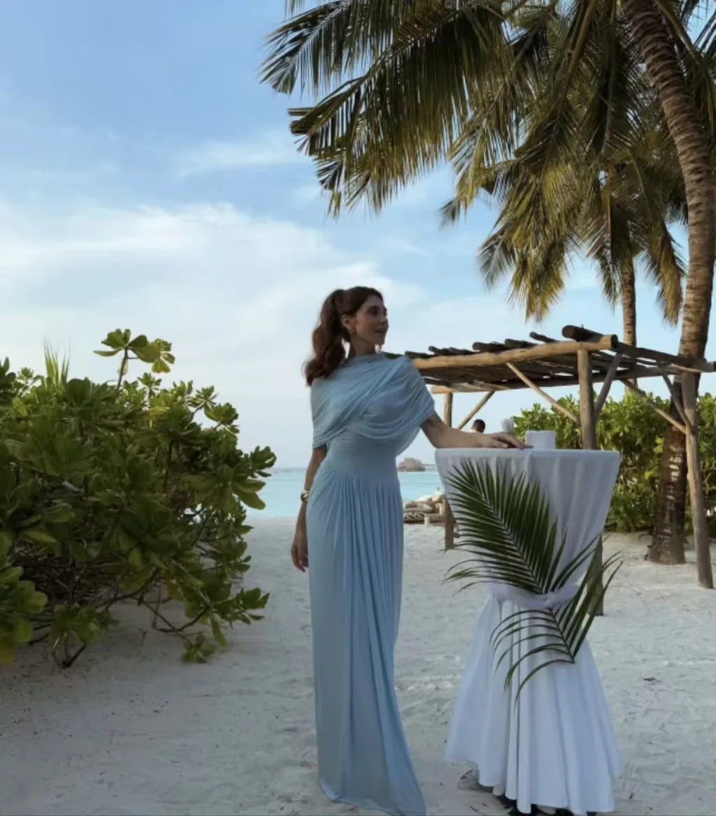 Elegant Shawl Ruched Asymmetrical Maxi Women Dress Summer Light Blue Slim Light Blue Party Dress Female Chic Evening Prom Gowns