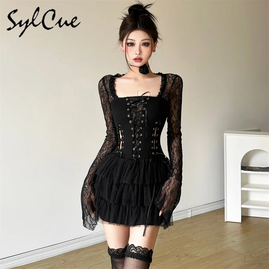 Nibber Black Retro Mysterious Lace Sexy Mature Beautiful Sweet Gentle Personality Women Drawstring Laminated Ruffled Tutu Dress