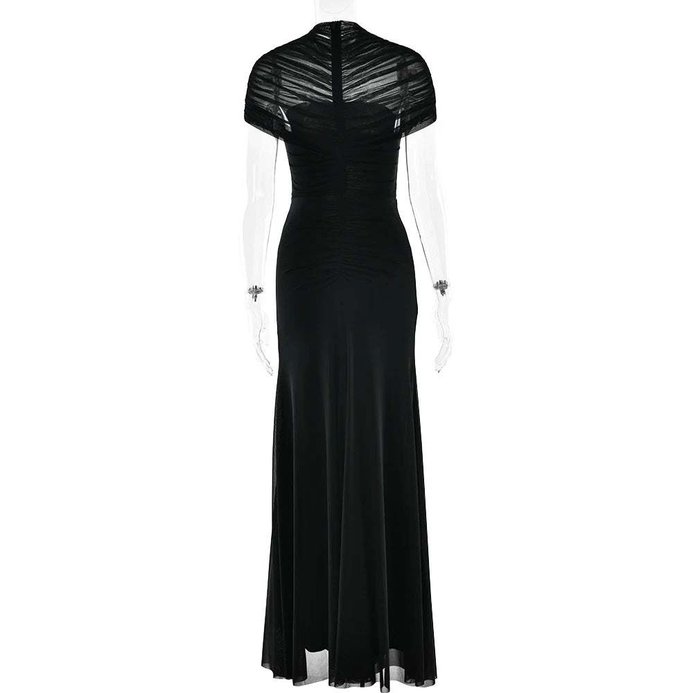 JULISSA MO Sexy Hollow Out Turtleneck Women Maxi Dress Coffee Short Sleeve See Through Mesh Bodycon Elegant Party Evening Dress