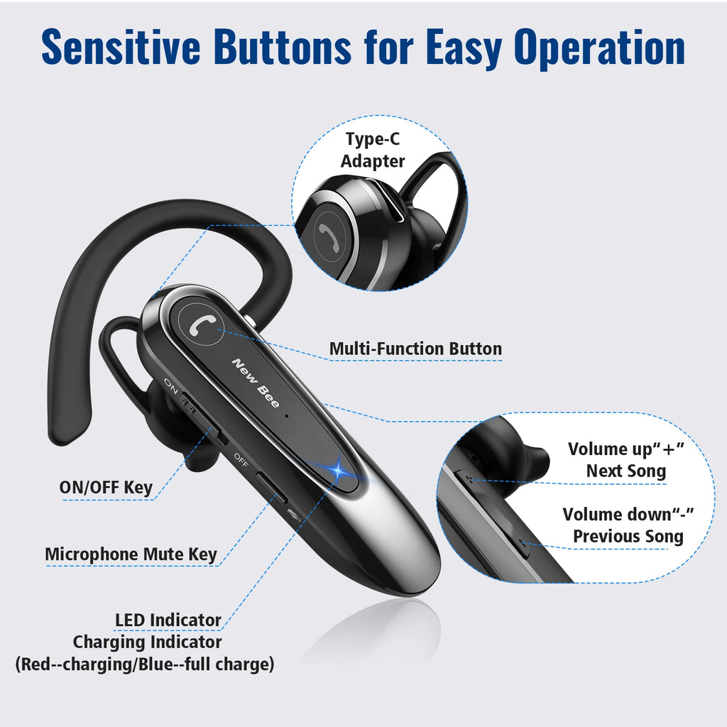 New Bee B45 Wireless Bluetooth Headset Earphones V5.0 Headphones with Dual Mics CVC8.0 Hands-Free Earpiece for Driving Business